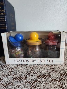 Stationery Jar Set with Blue, Yellow & Red Lids